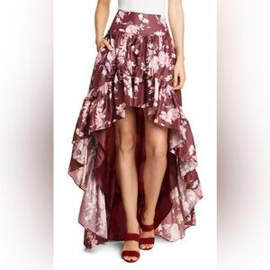 LoveShackFancy Floral High-Low Burgundy Skirt